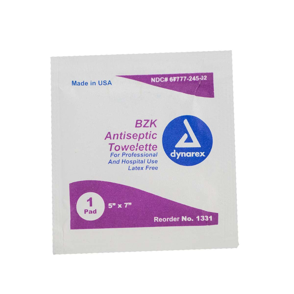 BZK Antiseptic Wipes by Dynarex, individually packaged 5x7 inch professional-grade towelette in white packaging with purple accents, featuring latex-free formula for hospital and medical use, Made in USA